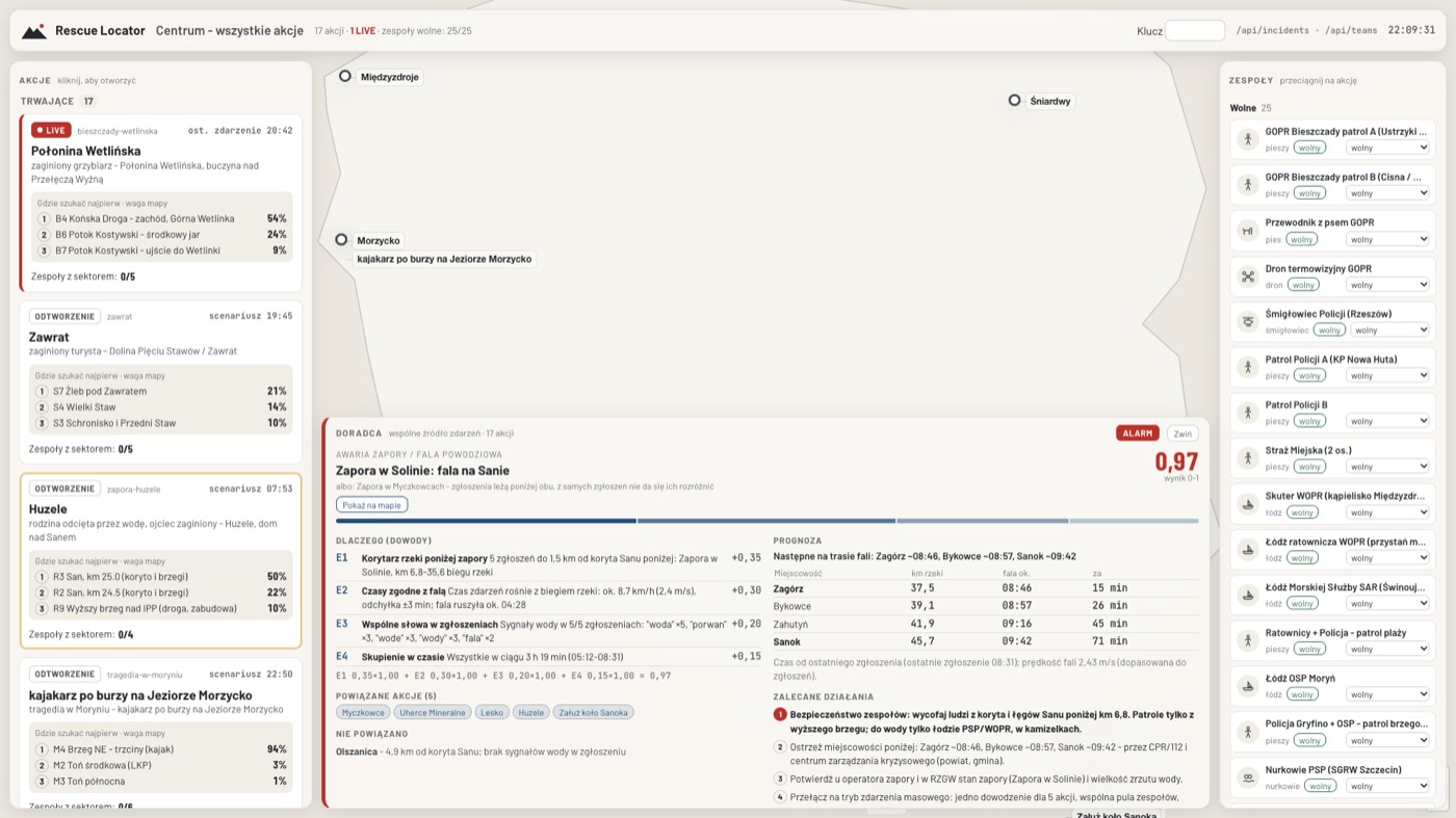 Centrum: wszystkie trwające akcje na mapie Polski i lista zespołów
