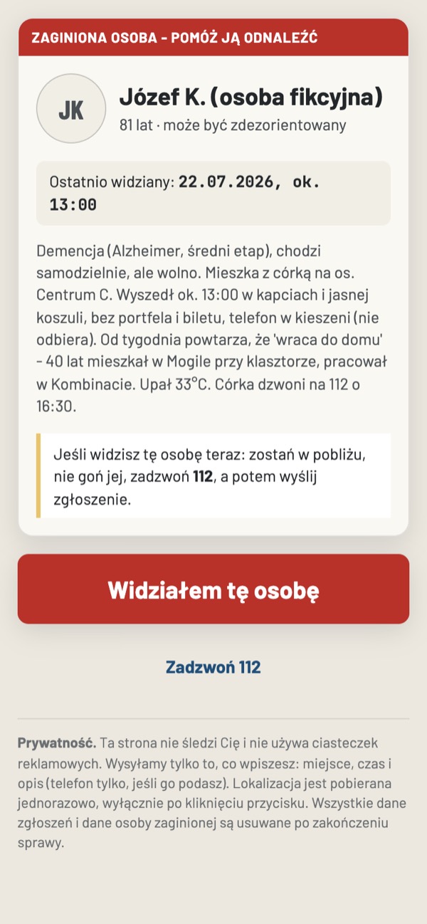 Strona Widziałem z pokazu: karta fikcyjnej osoby zaginionej, przycisk Widziałem tę osobę i Zadzwoń 112